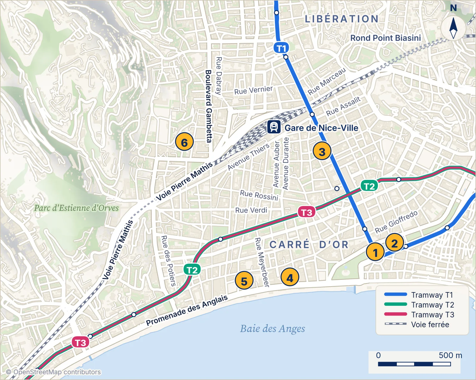 Carte touristique du centre de Nice : place Masséna, Promenade des Anglais, basilique Notre-Dame et cathédrale Saint-Nicolas