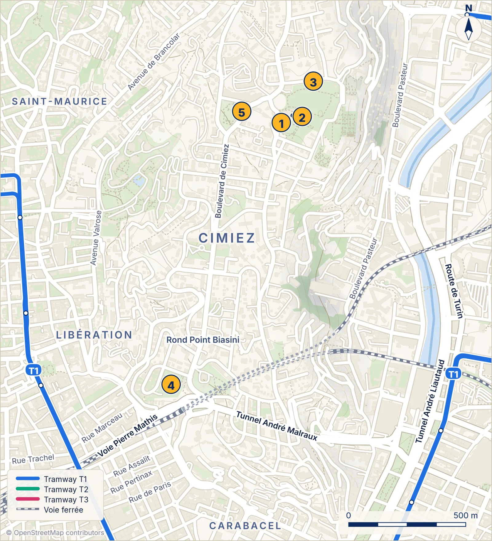 Carte touristique de Cimiez à Nice avec le musée Matisse, le musée Chagall, le site archéologique et le monastère