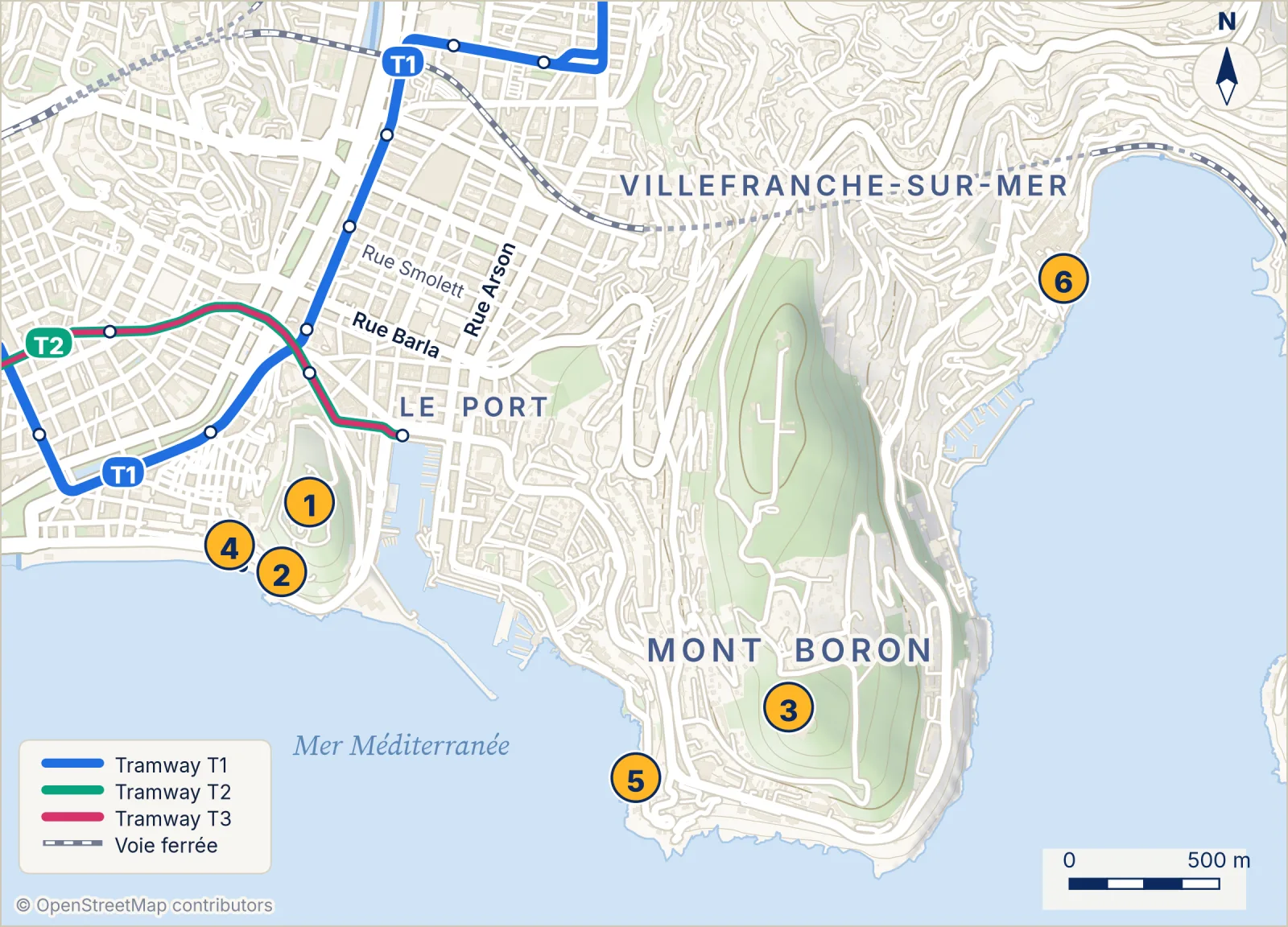 Carte touristique de la colline du Château et du mont Boron à Nice avec la tour Bellanda, Castel Plage et Coco Beach