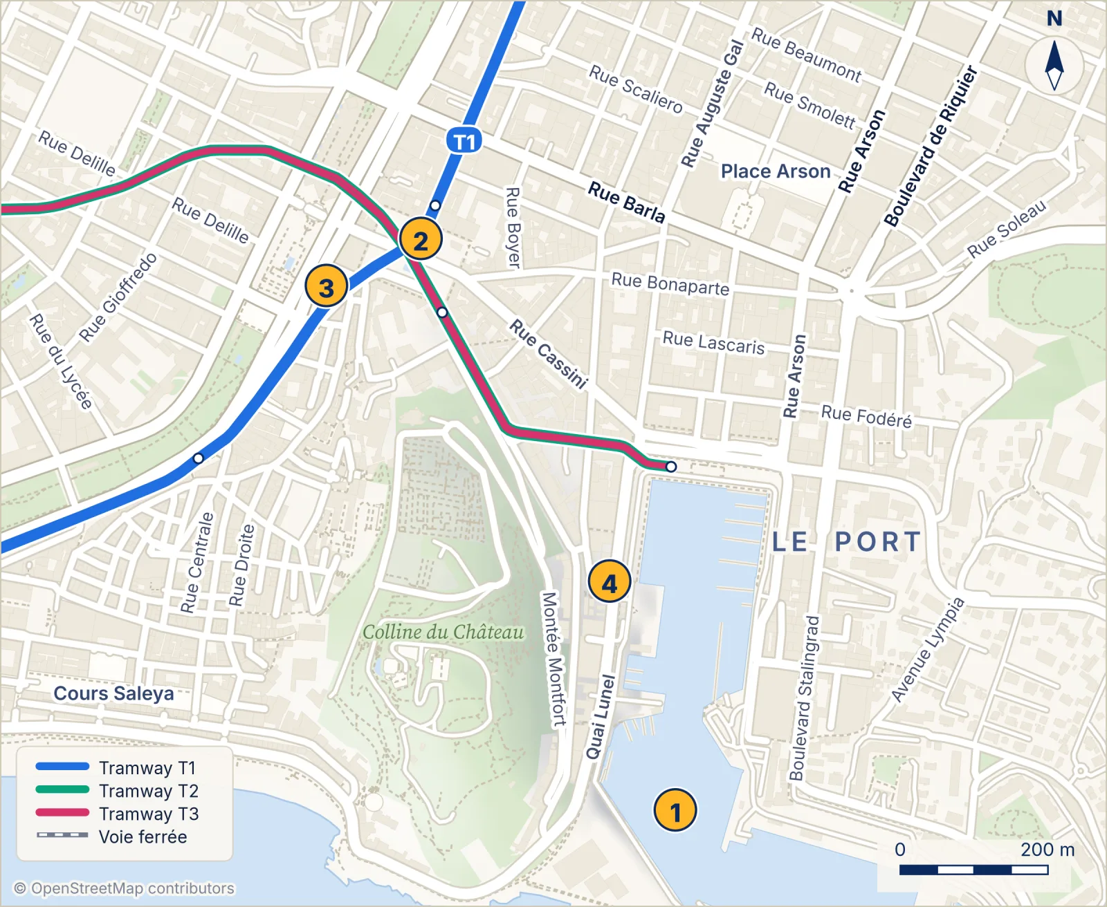 Carte touristique du quartier du port de Nice : Port Lympia, place Garibaldi, crypte archéologique et confiserie Florian