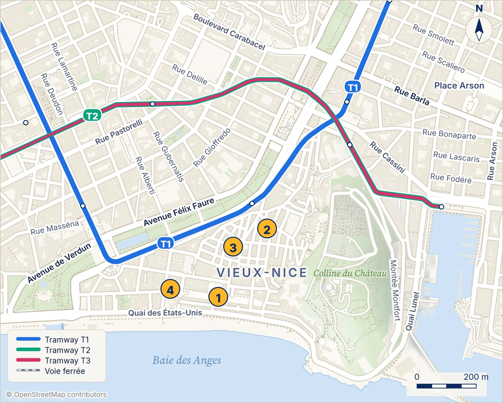 Carte touristique du Vieux-Nice avec le cours Saleya, le palais Lascaris, la cathédrale Sainte-Réparate et l'Opéra